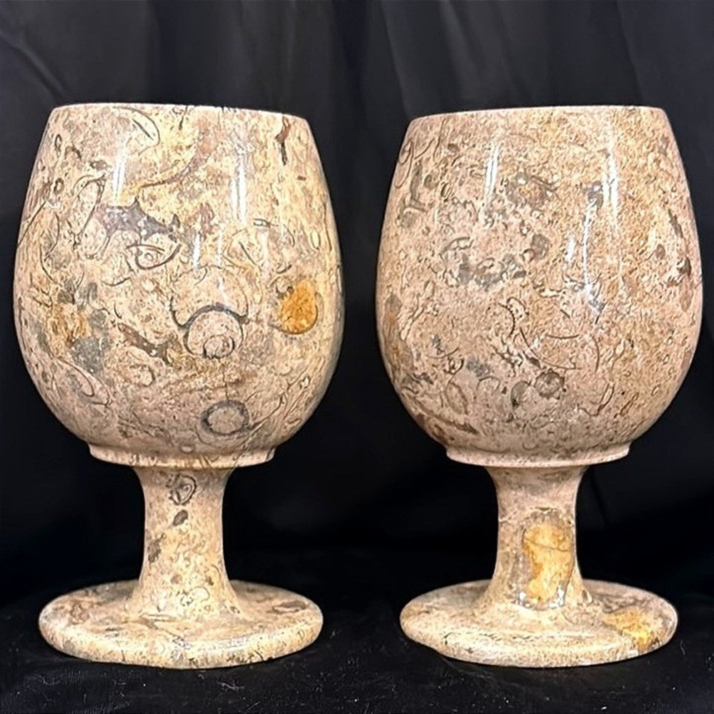 Vintage Hand Carved Fossil Stone Goblets Set of 2 Chalice Cups